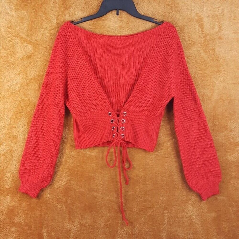 SEEK THE LABEL Womens Sweater Small Red Pullover Boatneck Corset Lace Up